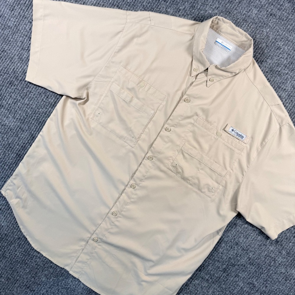 Columbia PFG Mens Large Tan Khaki Short Sleeve Fishing Shirt Omni-Shade Ripstop
